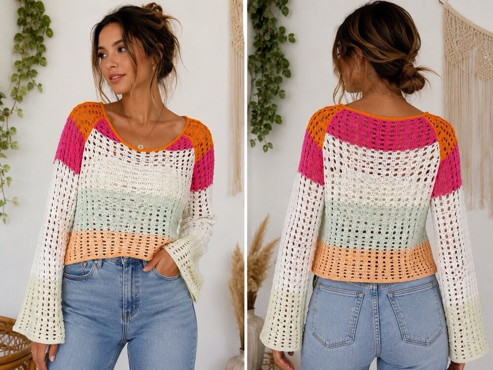 Wild Fable Upcycled Crochet Sweater Small Hand Bleached Boho Festival Cotton Top